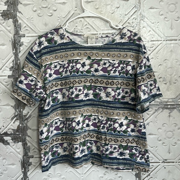 Vintage 80s floral stripe boxy tee - Picture 1 of 4